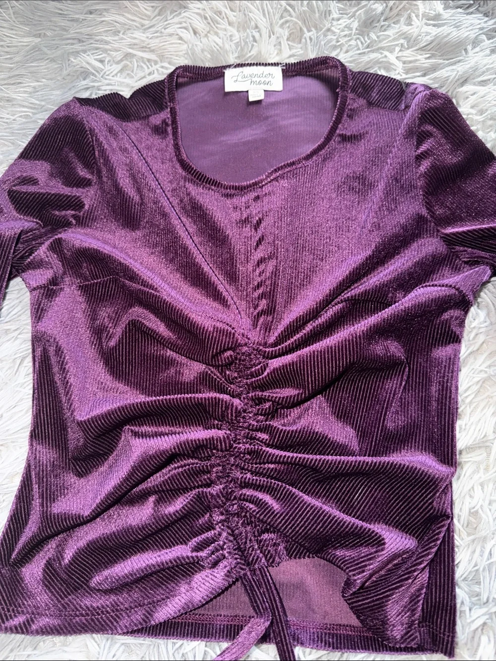 Lavender Moon Deep Purple Ruched Velvet Long-Sleeve Top